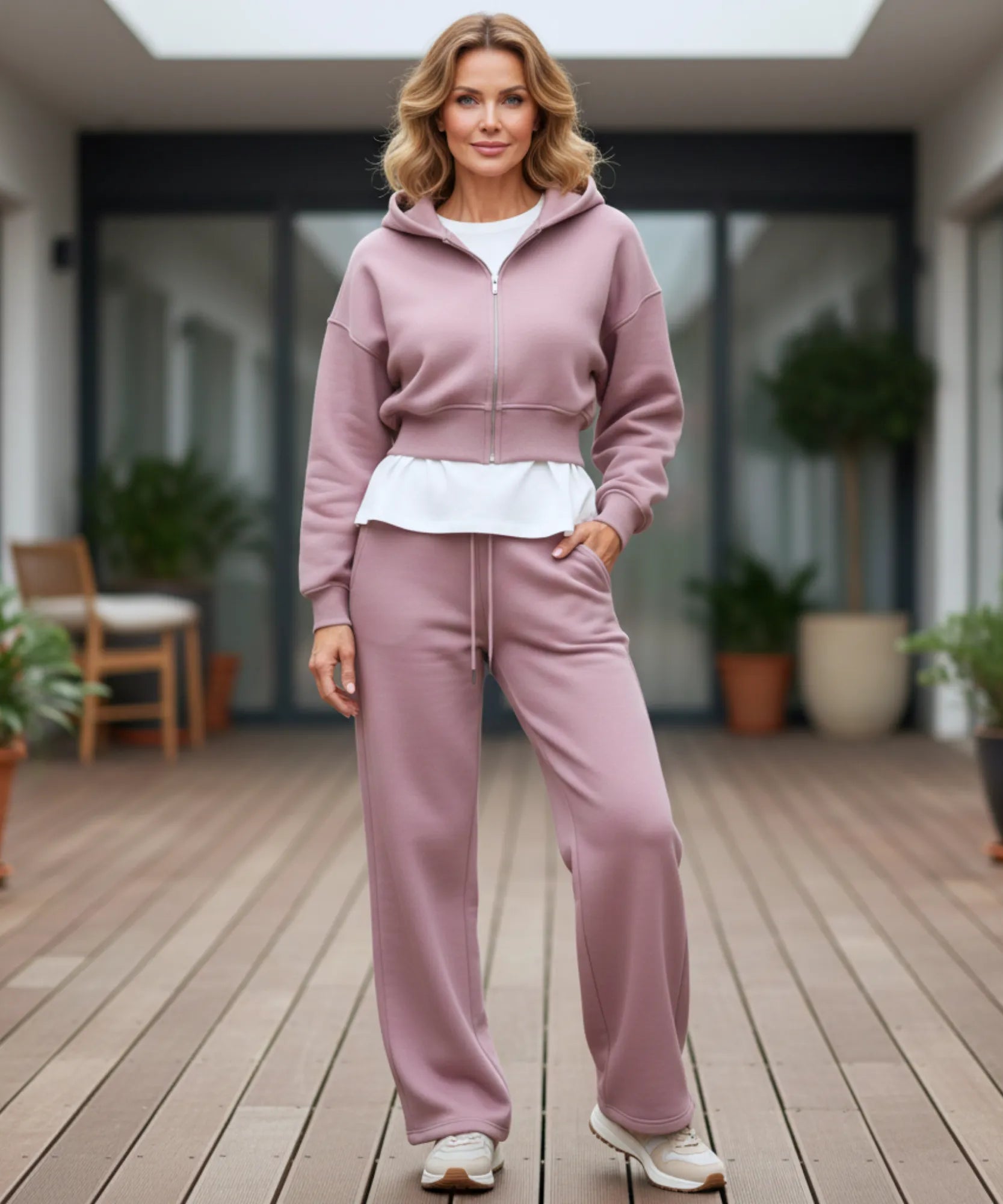 Comprar conjunto moletom feminino cropped capuz zíper calça pantalona wide leg casual oversized em promoção ZARA