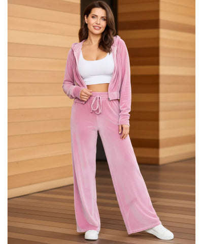 Conjunto moletom feminino veludo com capuz drapeado e calça wide leg. Brilho exclusivo e caimento impecável. Compre agora com frete grátis! ZARA