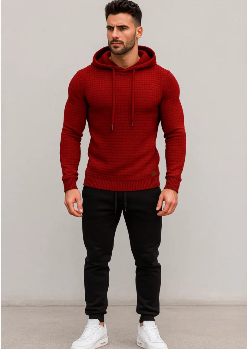 Conjunto moletom masculino com capuz e calça jogger, tecido texturizado premium, modelo moderno slim fit com acabamento flanelado interno.