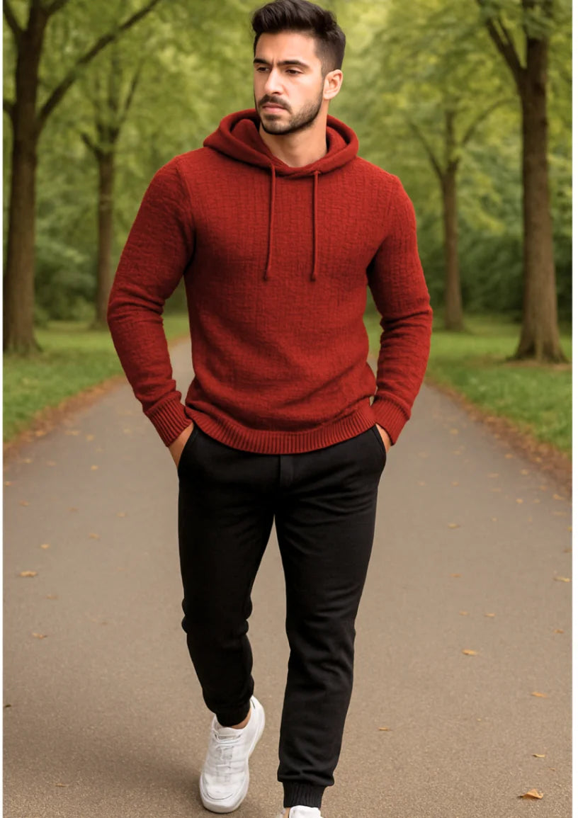 Conjunto moletom masculino com capuz e calça jogger, tecido texturizado premium, modelo moderno slim fit com acabamento flanelado interno.