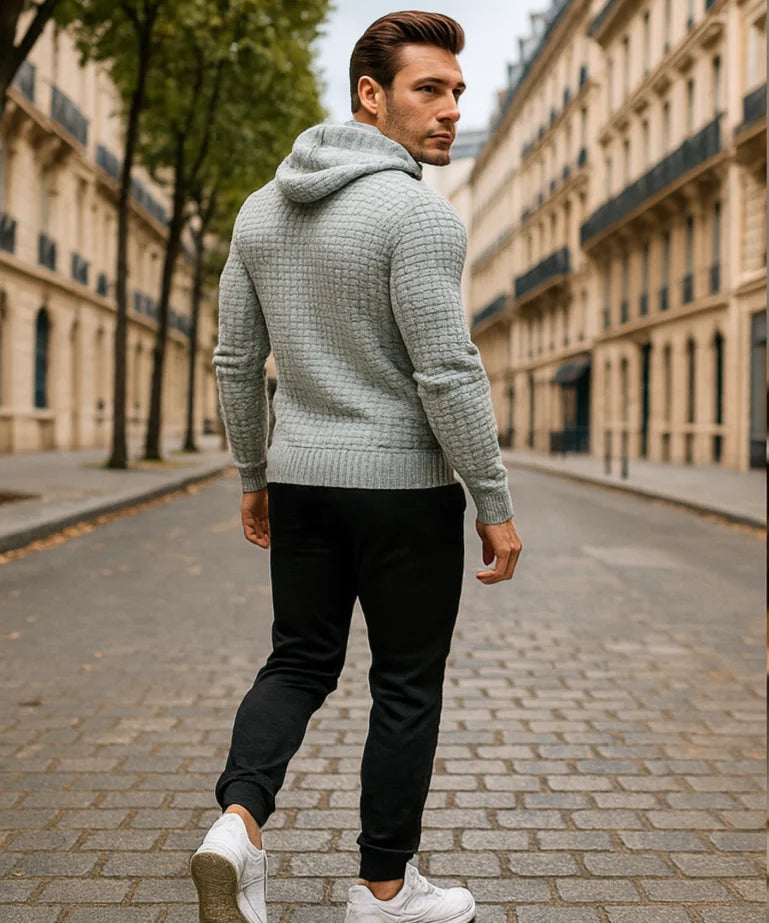Conjunto moletom masculino com capuz e calça jogger, tecido texturizado premium, modelo moderno slim fit com acabamento flanelado interno.