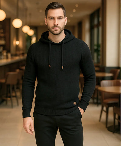 Conjunto moletom masculino com capuz e calça jogger, tecido texturizado premium, modelo moderno slim fit com acabamento flanelado interno.