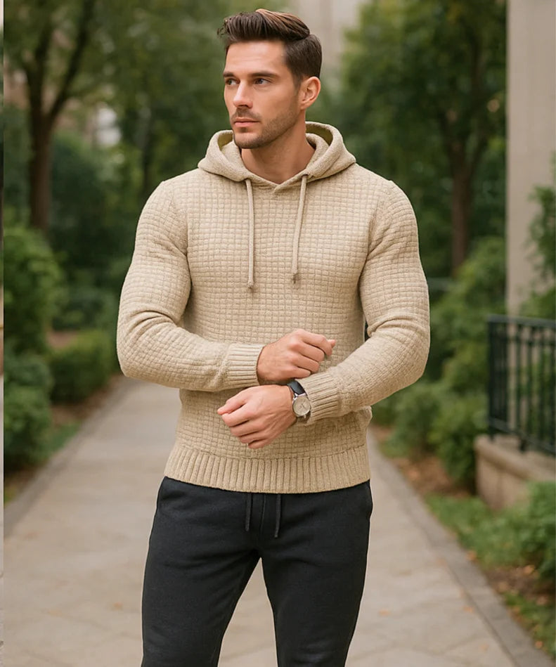 Conjunto moletom masculino com capuz e calça jogger, tecido texturizado premium, modelo moderno slim fit com acabamento flanelado interno.