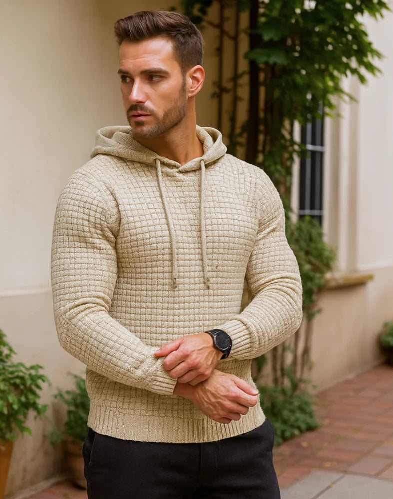 Conjunto moletom masculino com capuz e calça jogger, tecido texturizado premium, modelo moderno slim fit com acabamento flanelado interno.