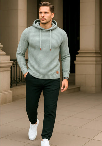 Conjunto moletom masculino com capuz e calça jogger, tecido texturizado premium, modelo moderno slim fit com acabamento flanelado interno.