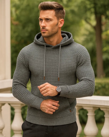 Conjunto moletom masculino com capuz e calça jogger, tecido texturizado premium, modelo moderno slim fit com acabamento flanelado interno.
