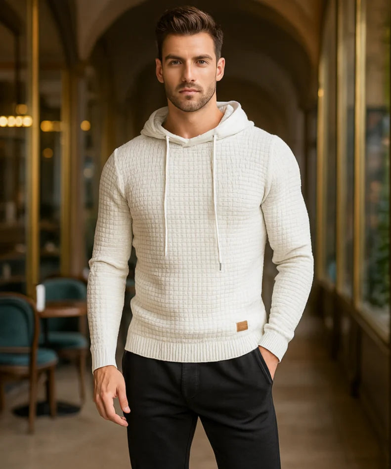 Conjunto moletom masculino com capuz e calça jogger, tecido texturizado premium, modelo moderno slim fit com acabamento flanelado interno.