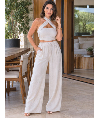 Conjunto pantalona e cropped feminino bege, vista de frente