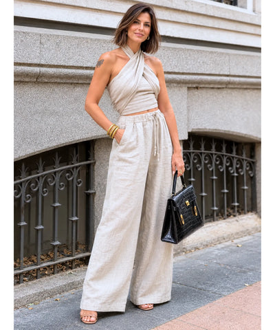 Conjunto pantalona e cropped feminino bege, look completo com bolsa