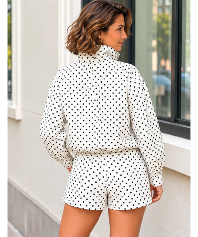Comprar conjunto poá feminino jaqueta e shorts branco de costas barato Anellimn