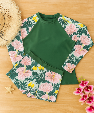  Comprar conjunto praia feminino plus size manga longa shorts estampado floral piscina natação barato ou em promoção ANELLIMN 