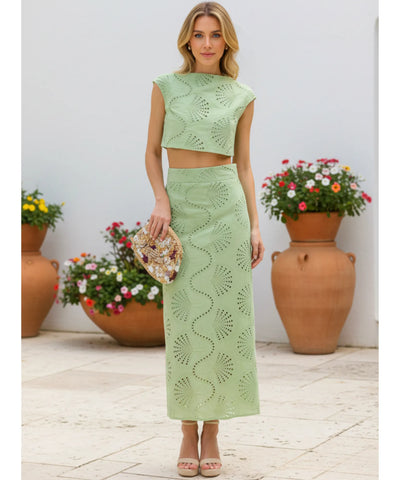 Comprar conjunto saia e cropped feminino laise bordado inglês vazado verde menta elegante festa barato ou em promoção ZARA
