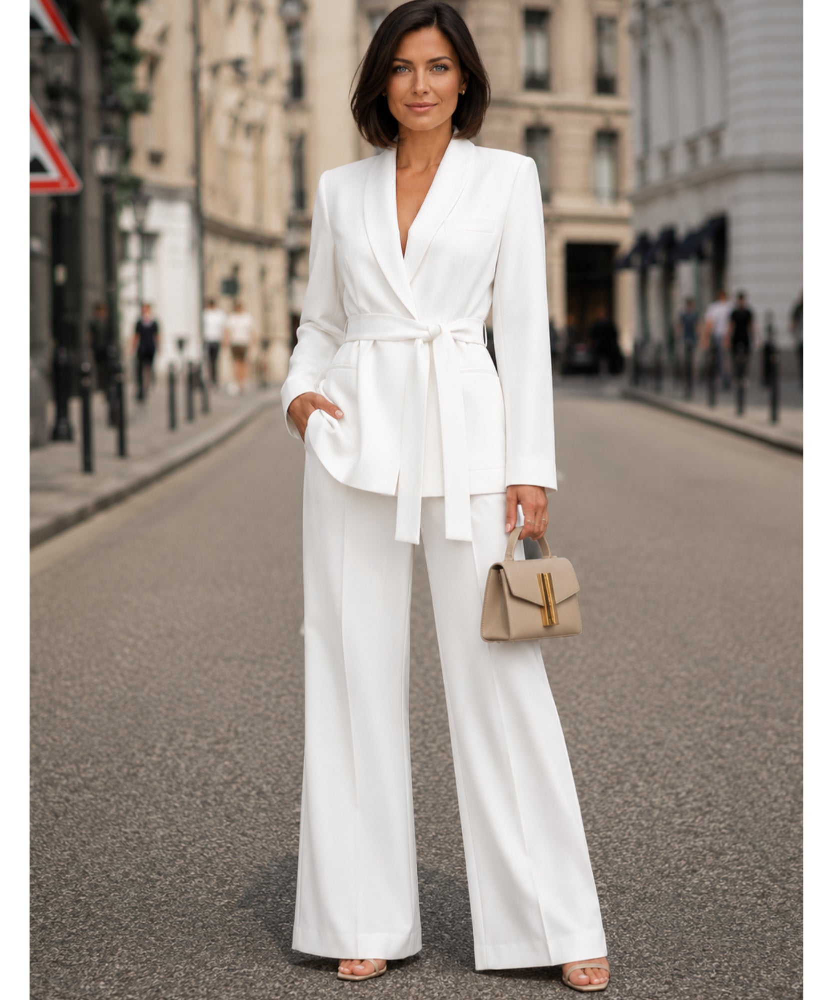 Blazer feminino com faixa e calça flare em alfaiataria moderna barata e promoção ANELLIMN
