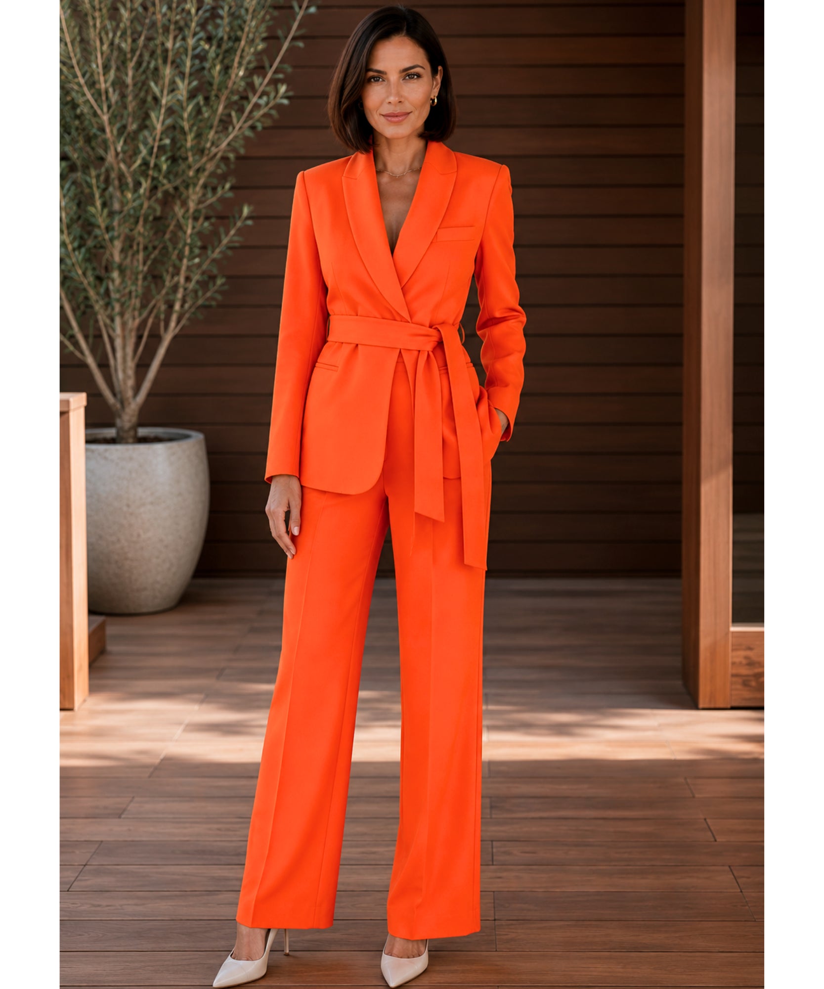Blazer feminino com faixa e calça flare em alfaiataria moderna barata e promoção ANELLIMN