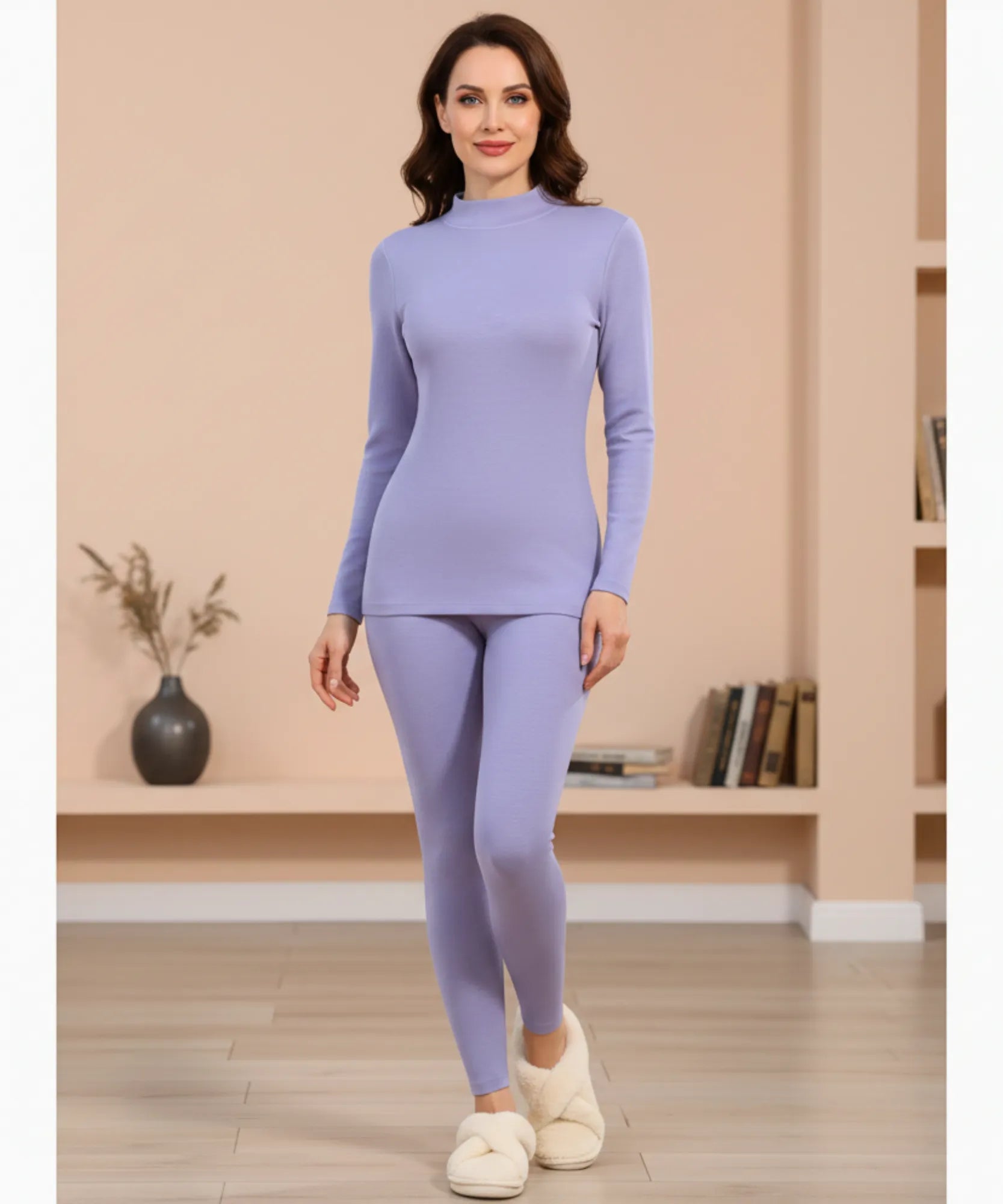 Comprar conjunto térmico feminino gola alta forro pelúcia autoaquecimento segunda pele legging barato ANELLIMN
