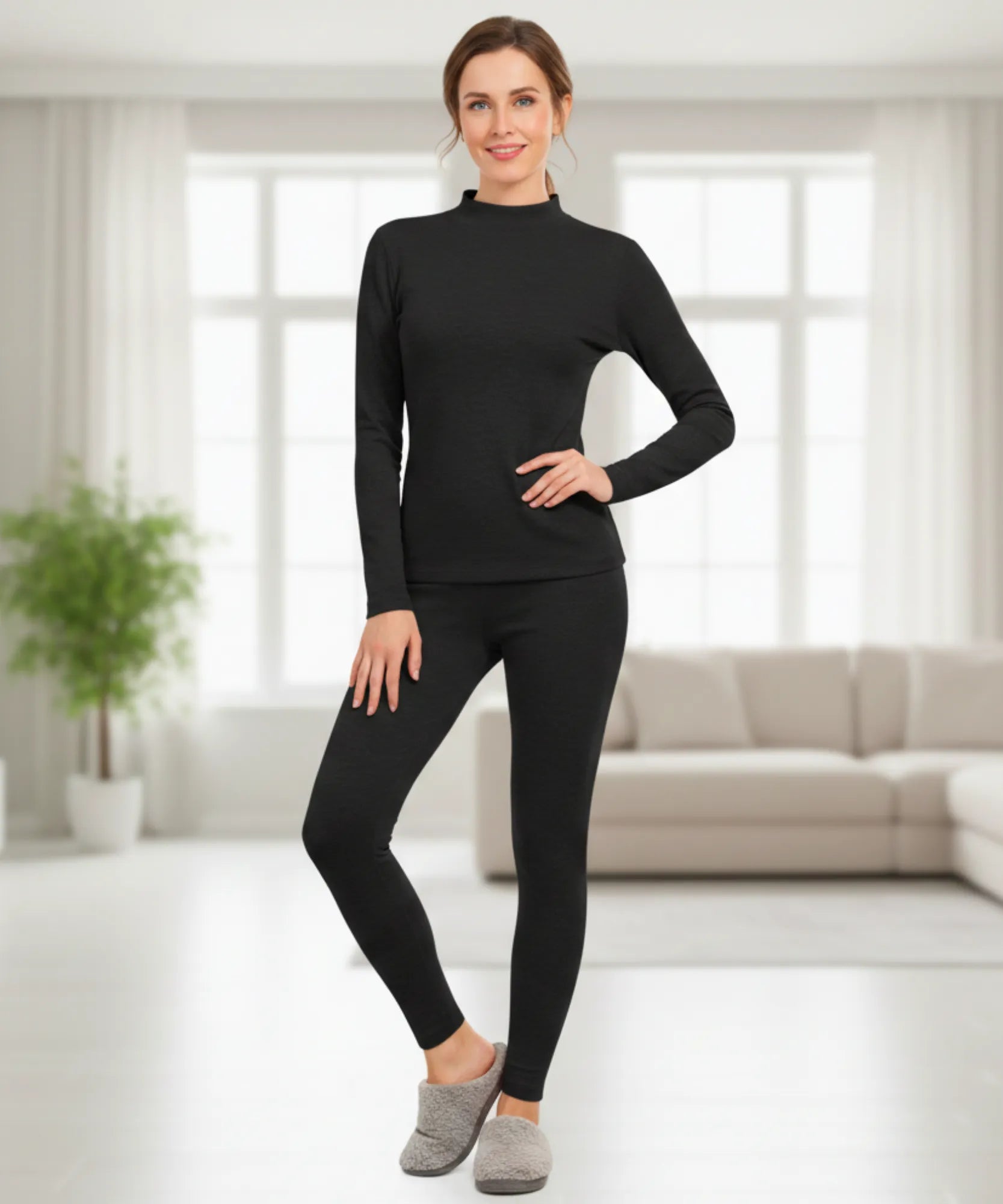 Comprar conjunto térmico feminino gola alta forro pelúcia autoaquecimento segunda pele legging barato ANELLIMN