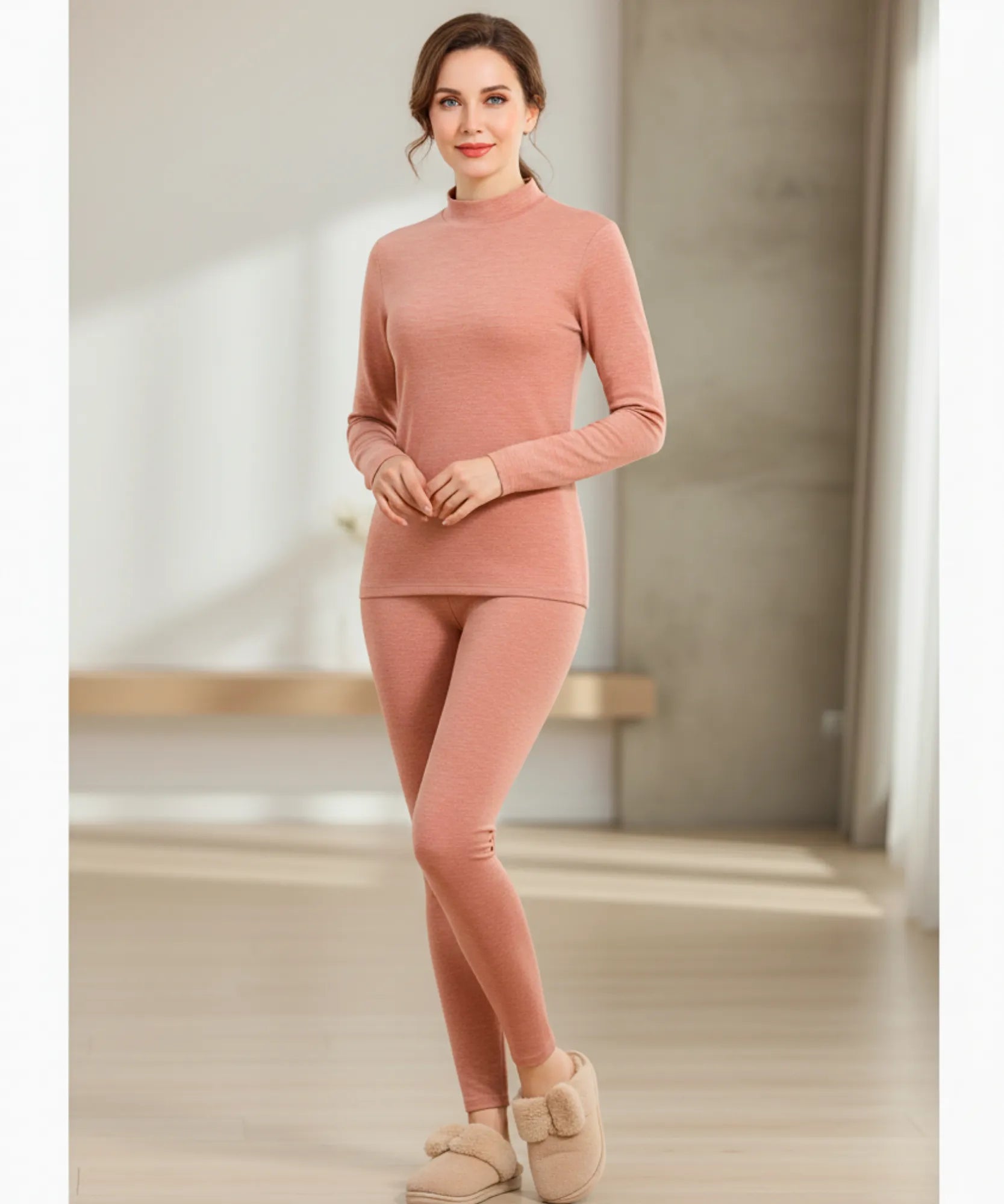 Comprar conjunto térmico feminino gola alta forro pelúcia autoaquecimento segunda pele legging barato ANELLIMN