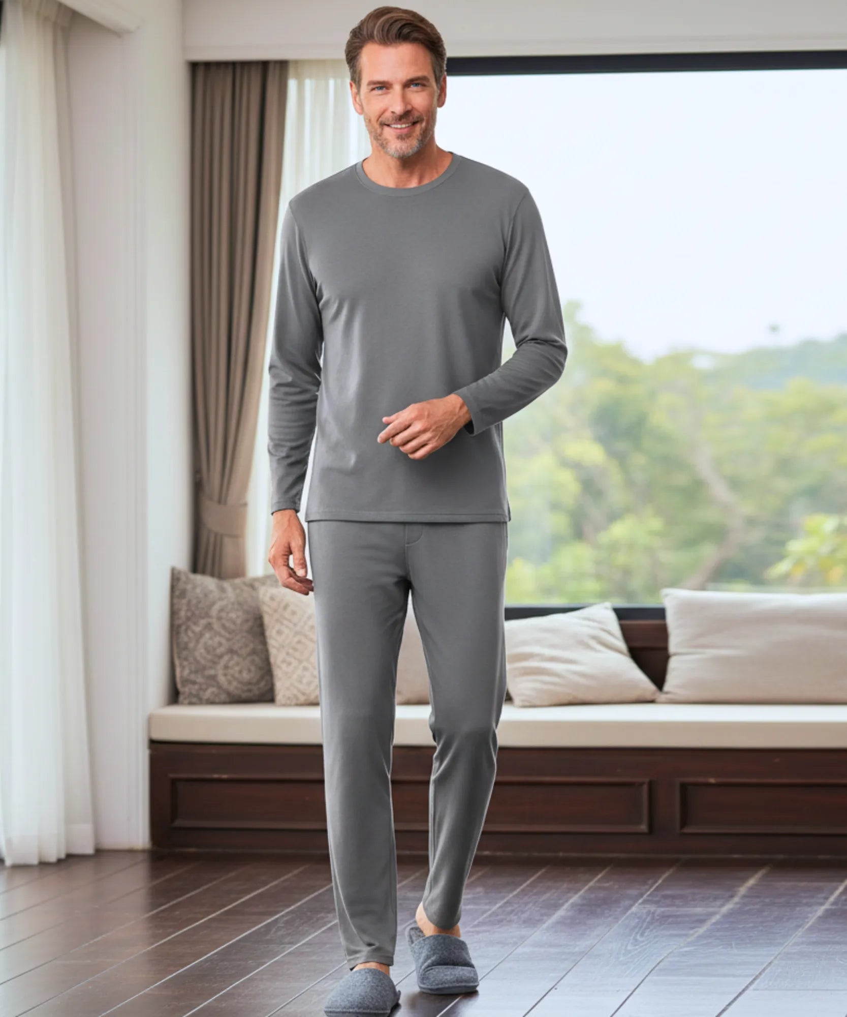 Comprar conjunto térmico masculino fibra térmica aquecimento automático blusa e calça barato - Anellimn