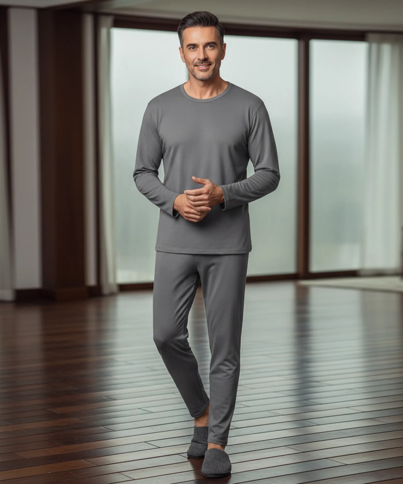 Comprar conjunto térmico masculino fibra térmica aquecimento automático blusa e calça barato - Anellimn