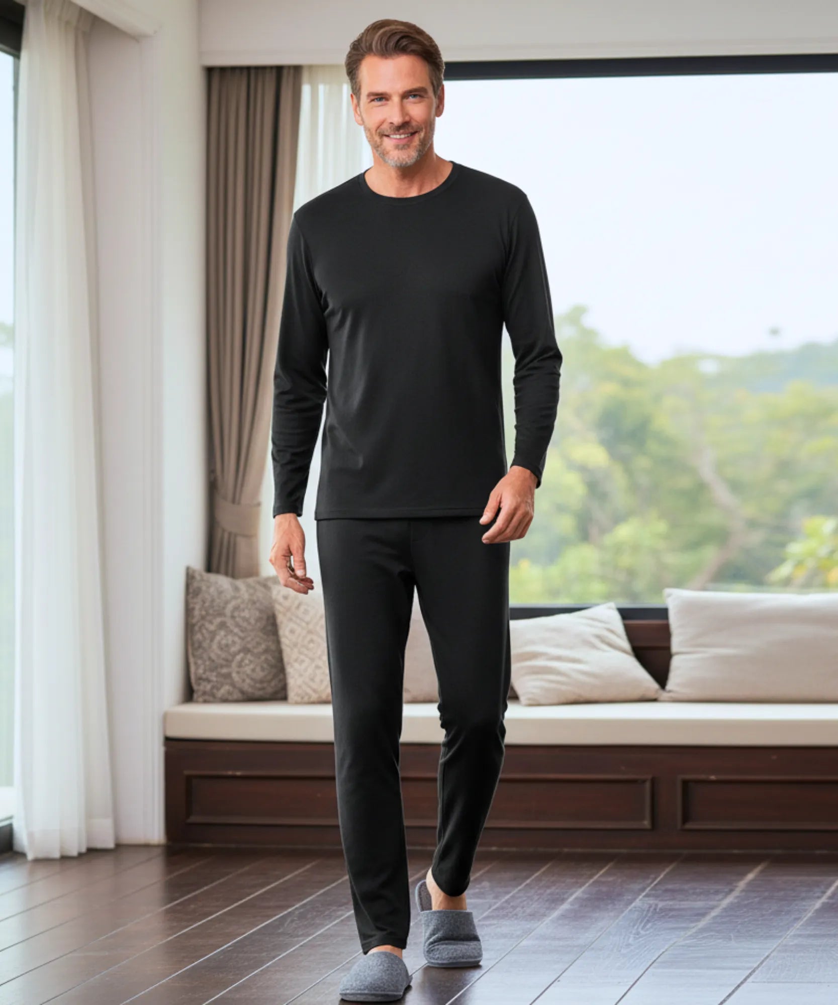 Comprar conjunto térmico masculino fibra térmica aquecimento automático blusa e calça barato - Anellimn