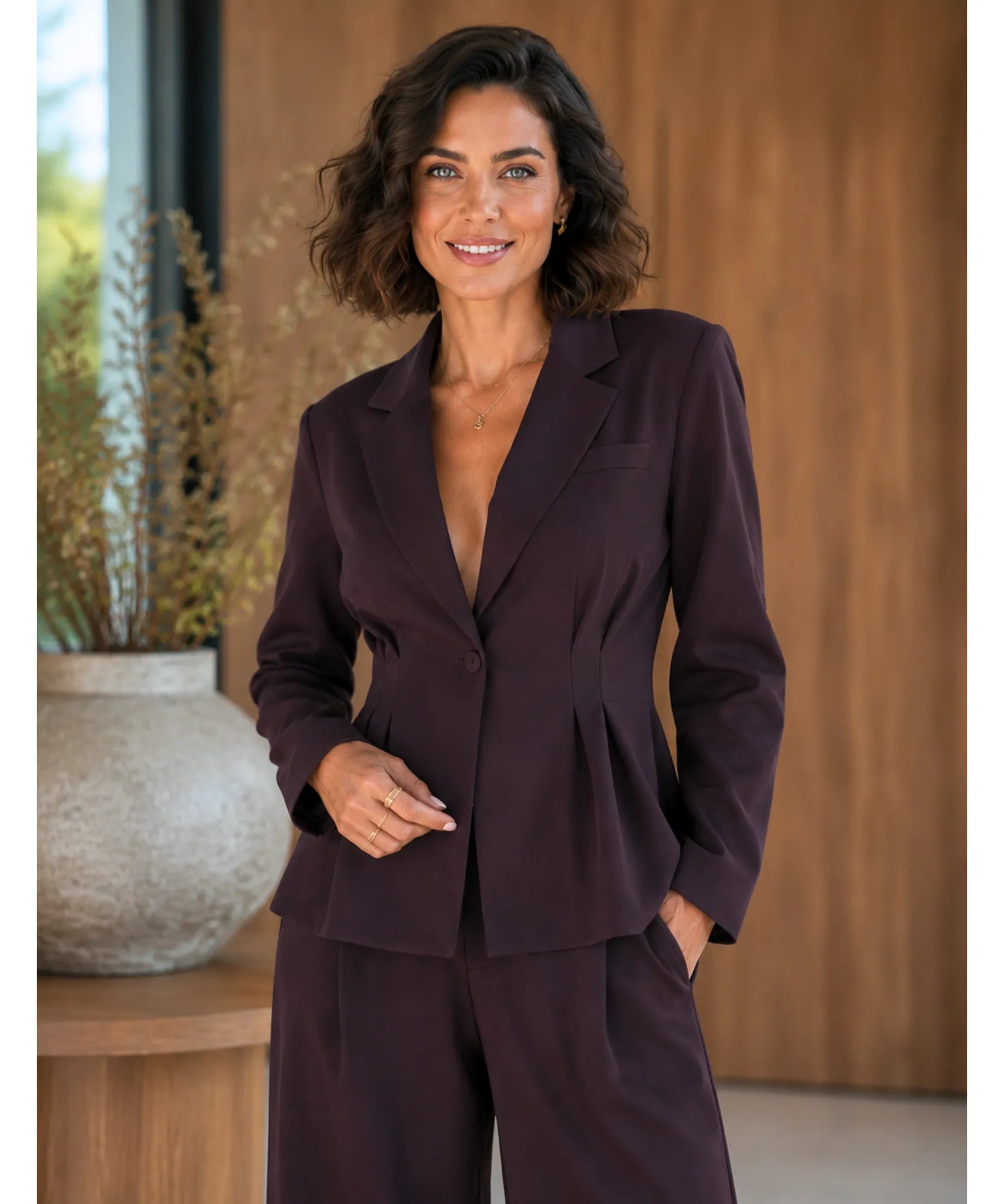 Comprar conjunto terninho feminino alfaiataria blazer decote V marrom barato Anellimn