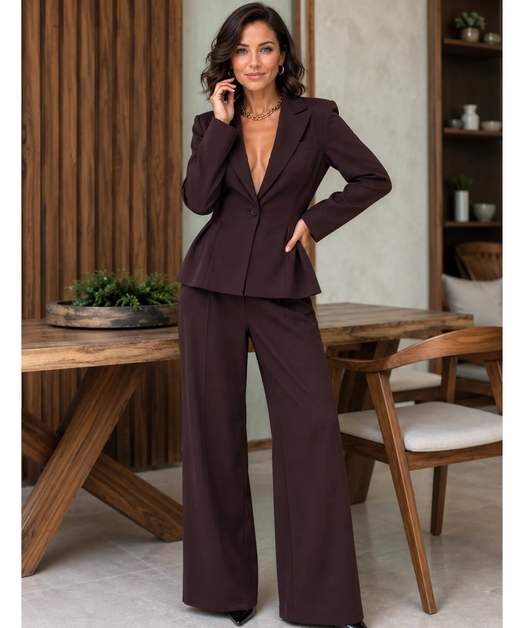 Comprar conjunto terninho feminino alfaiataria calça pantalona marrom barato Anellimn