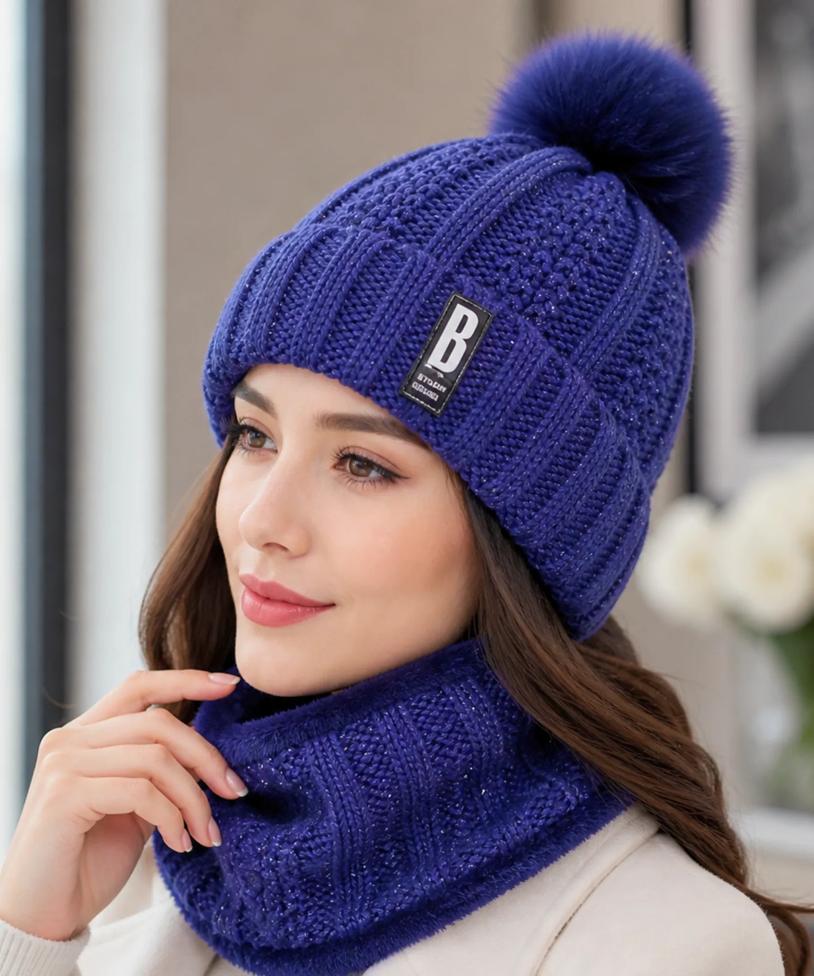 Comprar conjunto touca feminina e cachecol gola tricô canelado pompom pelúcia forro sherpa inverno barato ANELLIMN