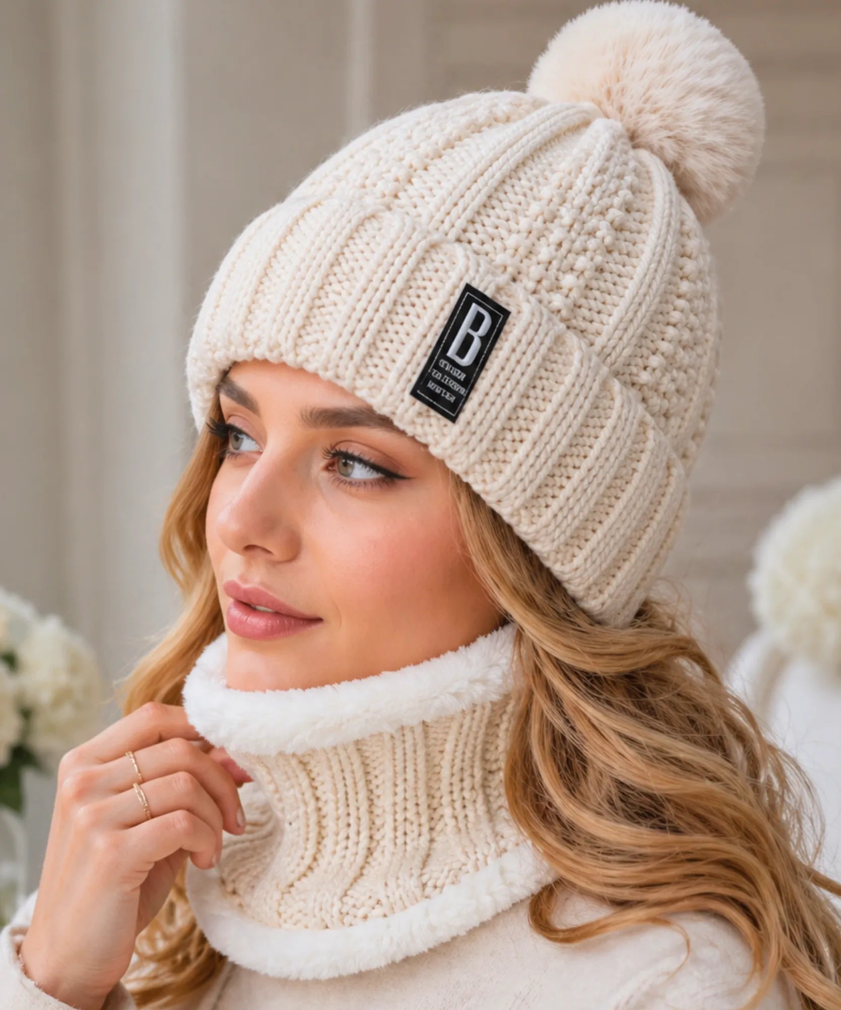 Comprar conjunto touca feminina e cachecol gola tricô canelado pompom pelúcia forro sherpa inverno barato ANELLIMN