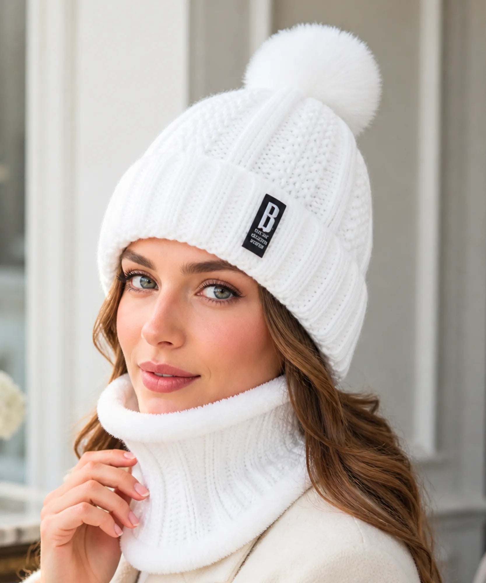 Comprar conjunto touca feminina e cachecol gola tricô canelado pompom pelúcia forro sherpa inverno barato ANELLIMN