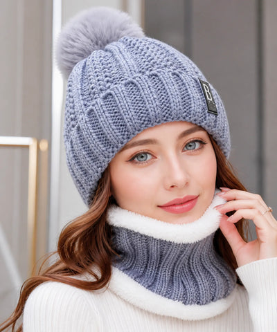 Comprar conjunto touca feminina e cachecol gola tricô canelado pompom pelúcia forro sherpa inverno barato ANELLIMN