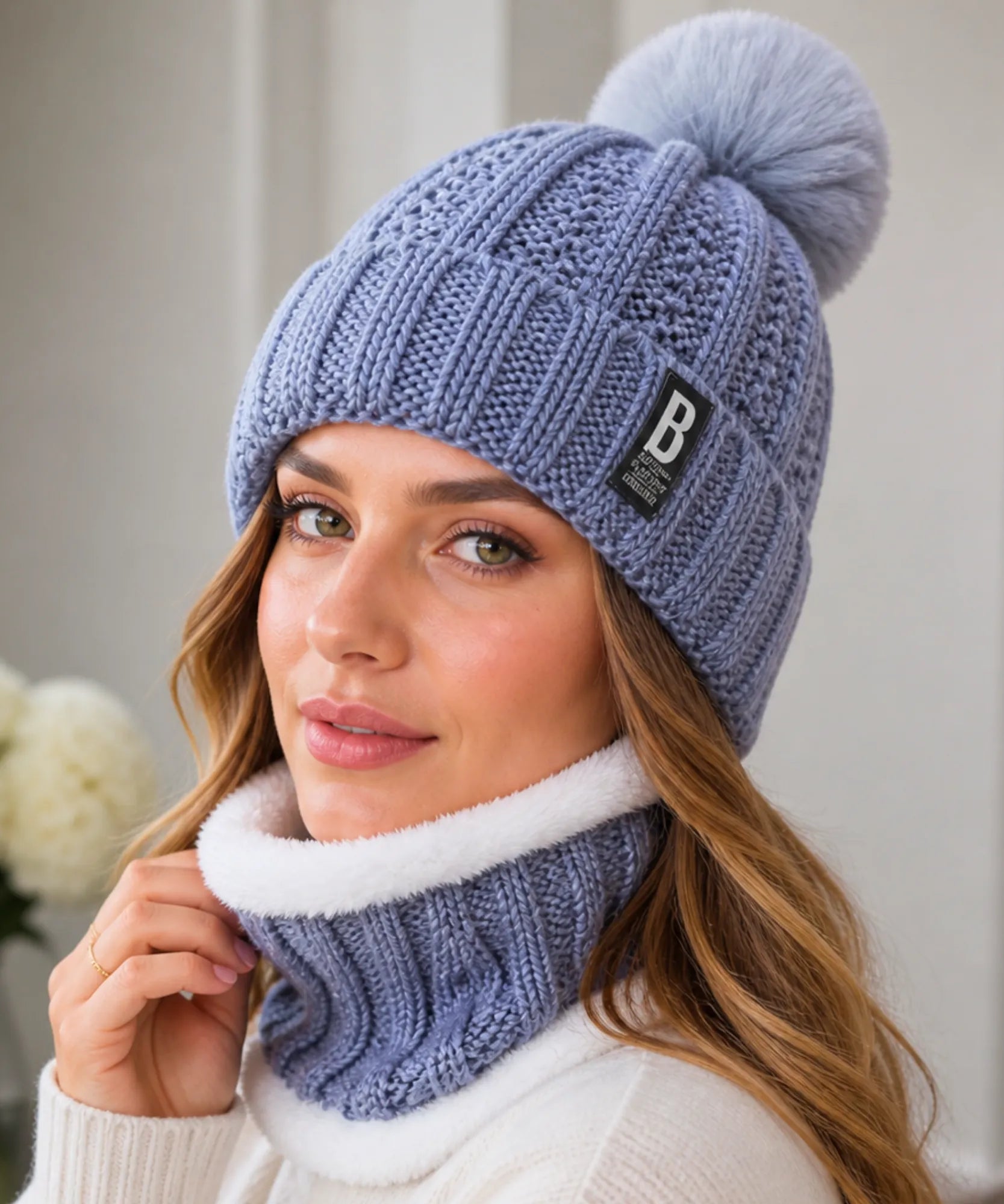 Comprar conjunto touca feminina e cachecol gola tricô canelado pompom pelúcia forro sherpa inverno barato ANELLIMN