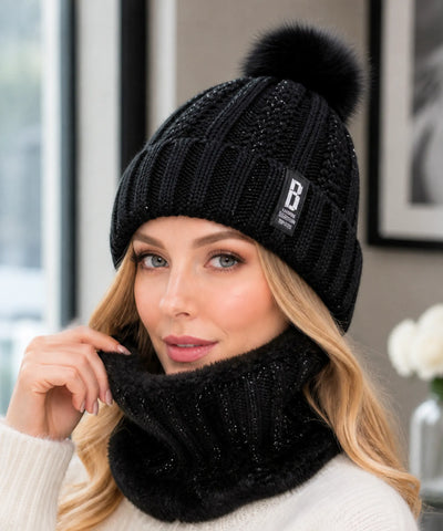 Comprar conjunto touca feminina e cachecol gola tricô canelado pompom pelúcia forro sherpa inverno barato ANELLIMN