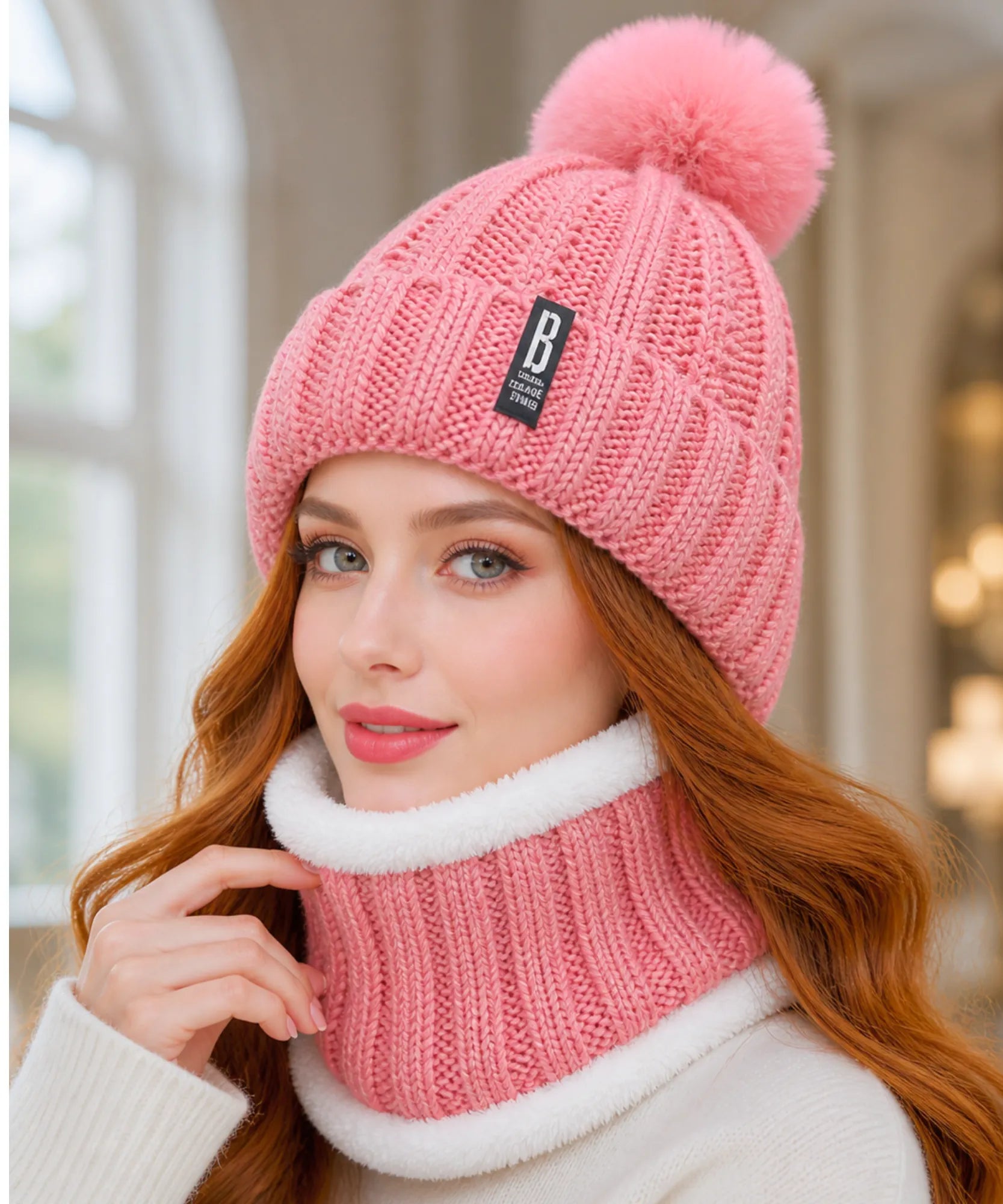 Comprar conjunto touca feminina e cachecol gola tricô canelado pompom pelúcia forro sherpa inverno barato ANELLIMN