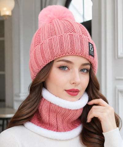 Comprar conjunto touca feminina e cachecol gola tricô canelado pompom pelúcia forro sherpa inverno barato ANELLIMN