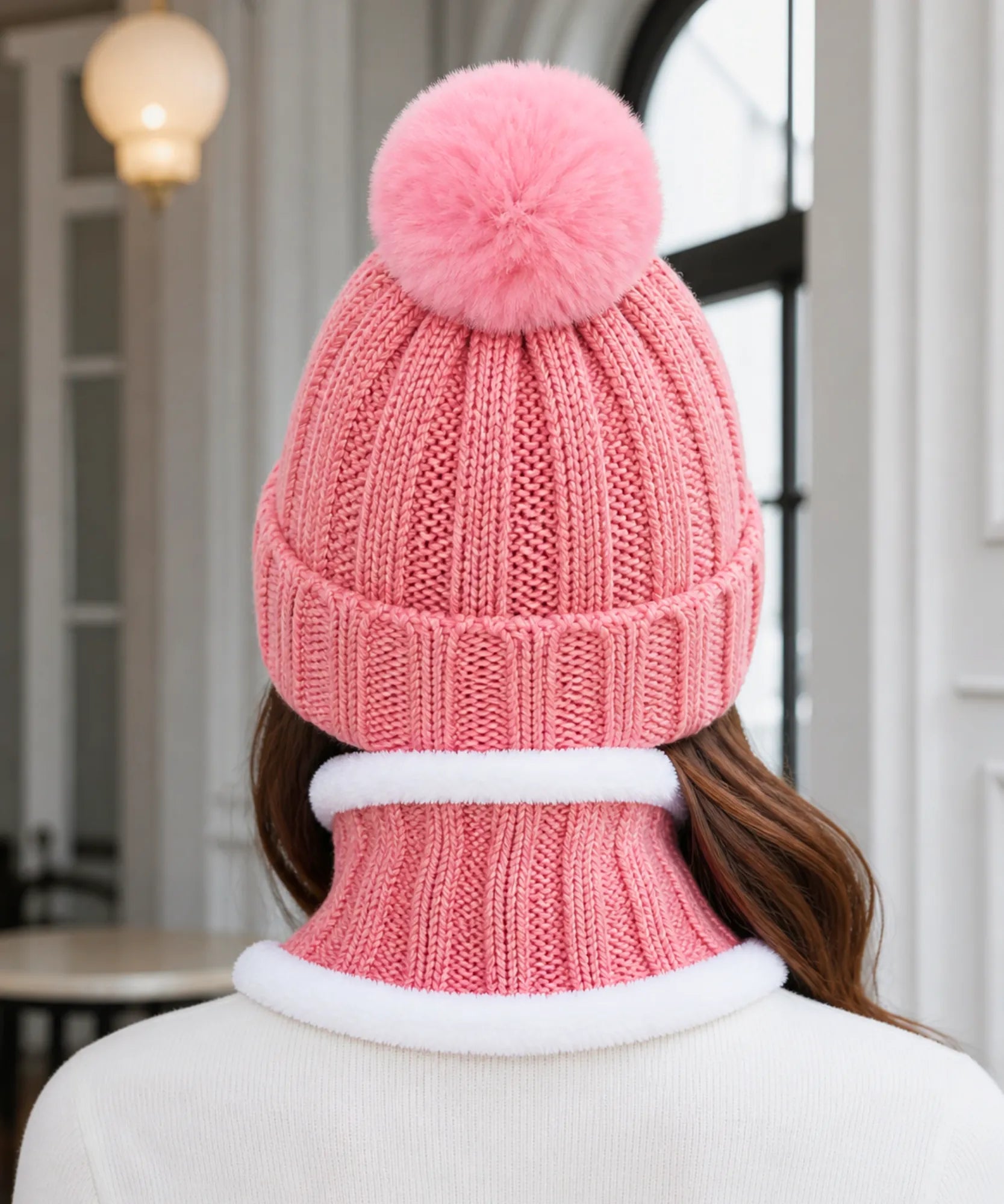 Comprar conjunto touca feminina e cachecol gola tricô canelado pompom pelúcia forro sherpa inverno barato ANELLIMN
