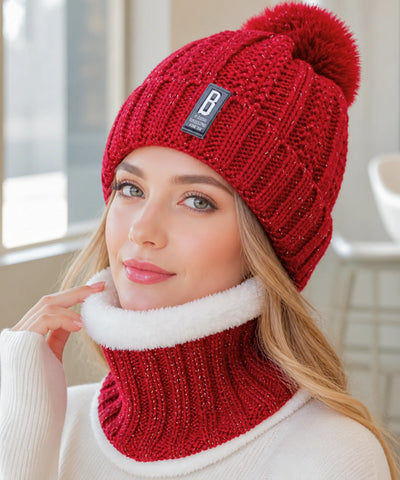 Comprar conjunto touca feminina e cachecol gola tricô canelado pompom pelúcia forro sherpa inverno barato ANELLIMN