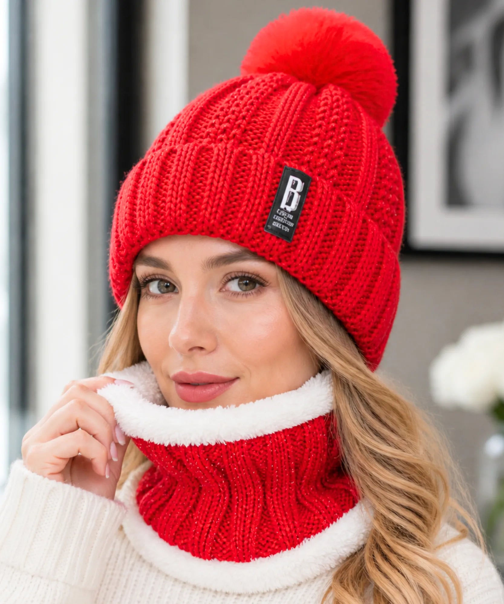 Comprar conjunto touca feminina e cachecol gola tricô canelado pompom pelúcia forro sherpa inverno barato ANELLIMN