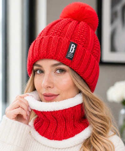 Comprar conjunto touca feminina e cachecol gola tricô canelado pompom pelúcia forro sherpa inverno barato ANELLIMN