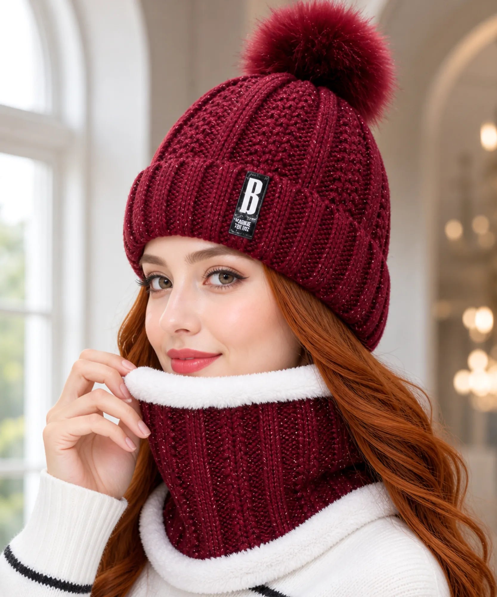 Comprar conjunto touca feminina e cachecol gola tricô canelado pompom pelúcia forro sherpa inverno barato ANELLIMN
