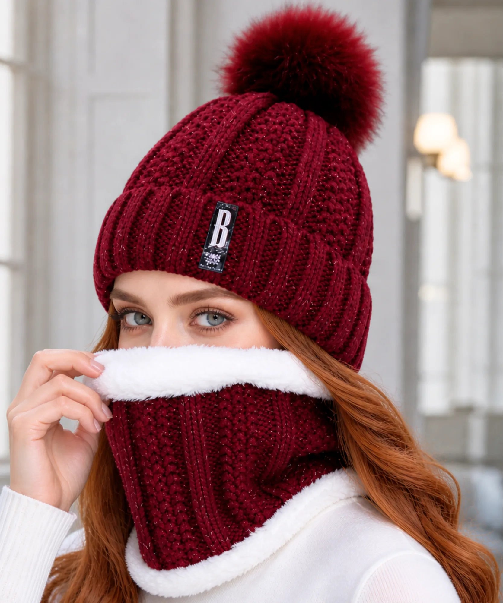 Comprar conjunto touca feminina e cachecol gola tricô canelado pompom pelúcia forro sherpa inverno barato ANELLIMN