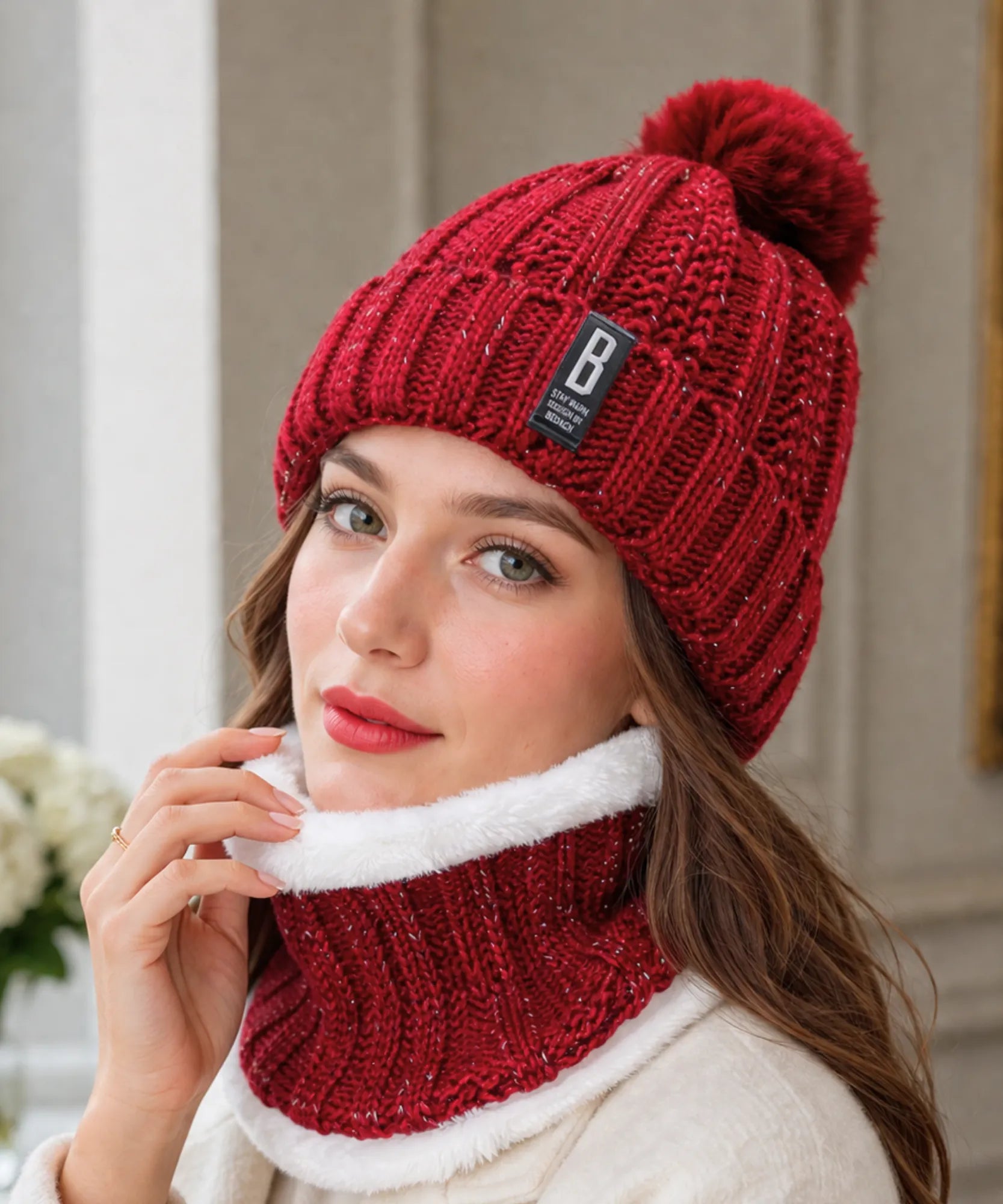 Comprar conjunto touca feminina e cachecol gola tricô canelado pompom pelúcia forro sherpa inverno barato ANELLIMN