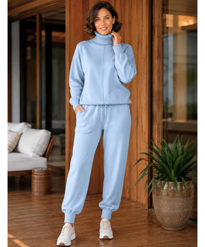Comprar conjunto tricot feminino 2 peças suéter gola alta calça jogger canelada malha inverno barata em promoção Anellimn