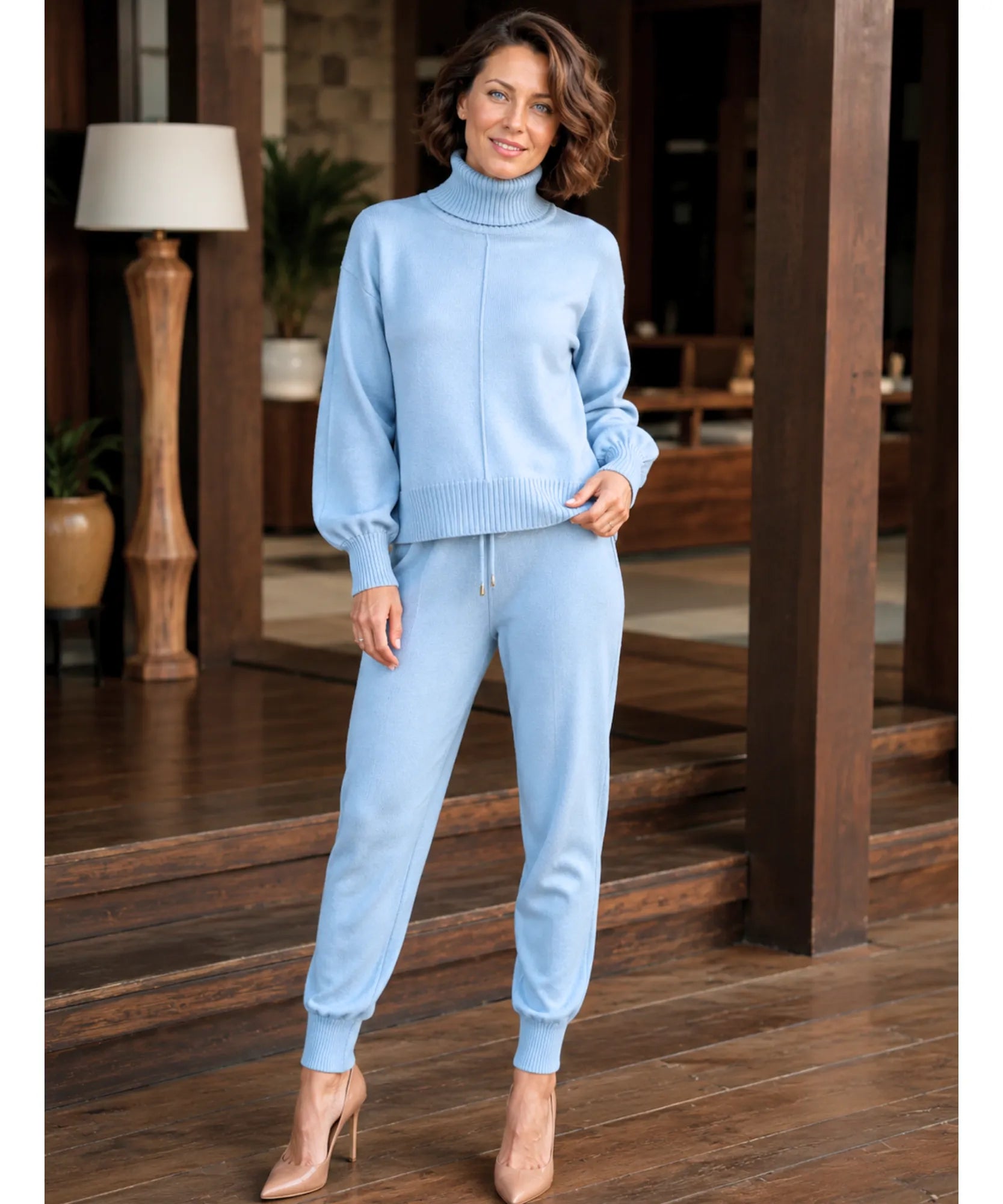 Comprar conjunto tricot feminino 2 peças suéter gola alta calça jogger canelada malha inverno barata em promoção Anellimn