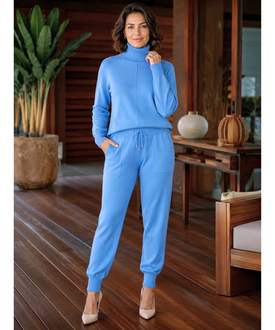 Comprar conjunto tricot feminino 2 peças suéter gola alta calça jogger canelada malha inverno barata em promoção Anellimn
