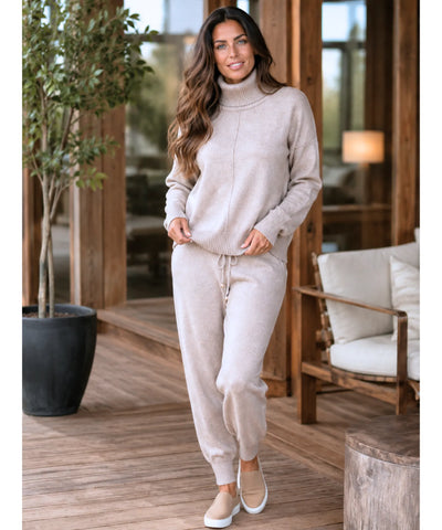 Comprar conjunto tricot feminino 2 peças suéter gola alta calça jogger canelada malha inverno barata em promoção Anellimn