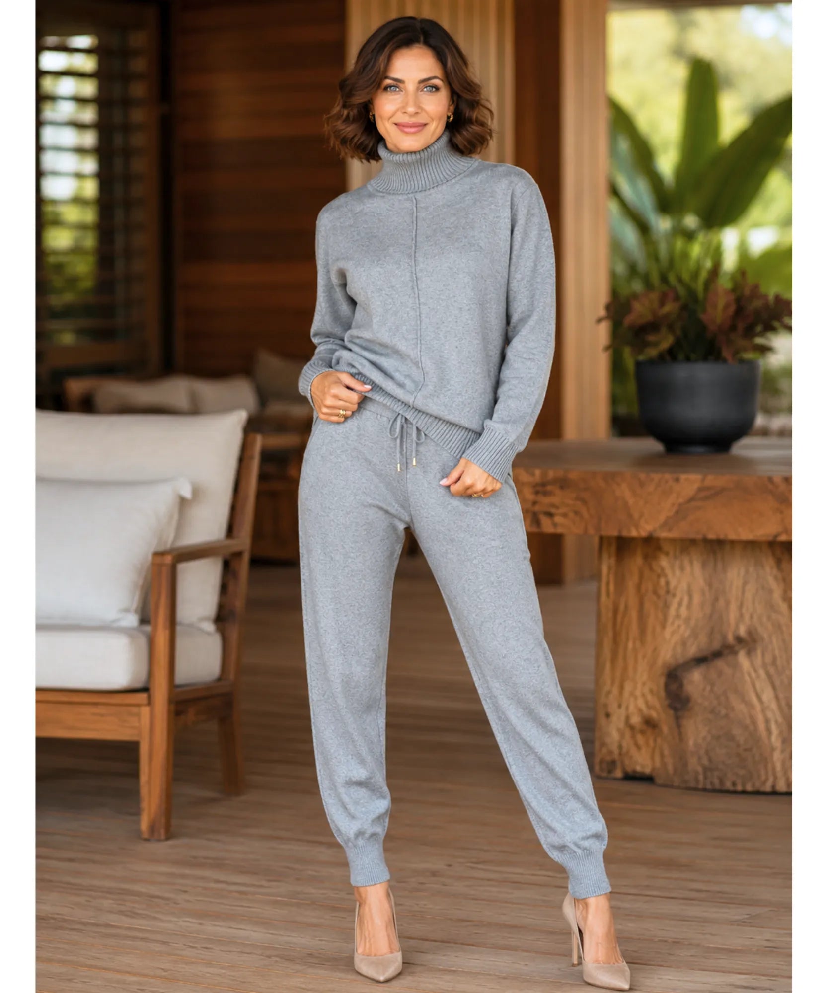 Comprar conjunto tricot feminino 2 peças suéter gola alta calça jogger canelada malha inverno barata em promoção Anellimn