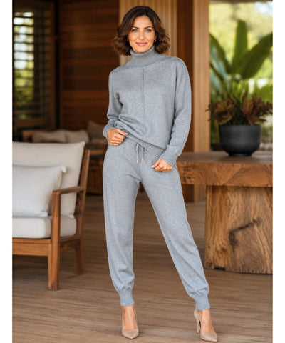 Comprar conjunto tricot feminino 2 peças suéter gola alta calça jogger canelada malha inverno barata em promoção Anellimn