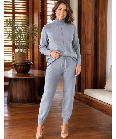 Comprar conjunto tricot feminino 2 peças suéter gola alta calça jogger canelada malha inverno barata em promoção Anellimn