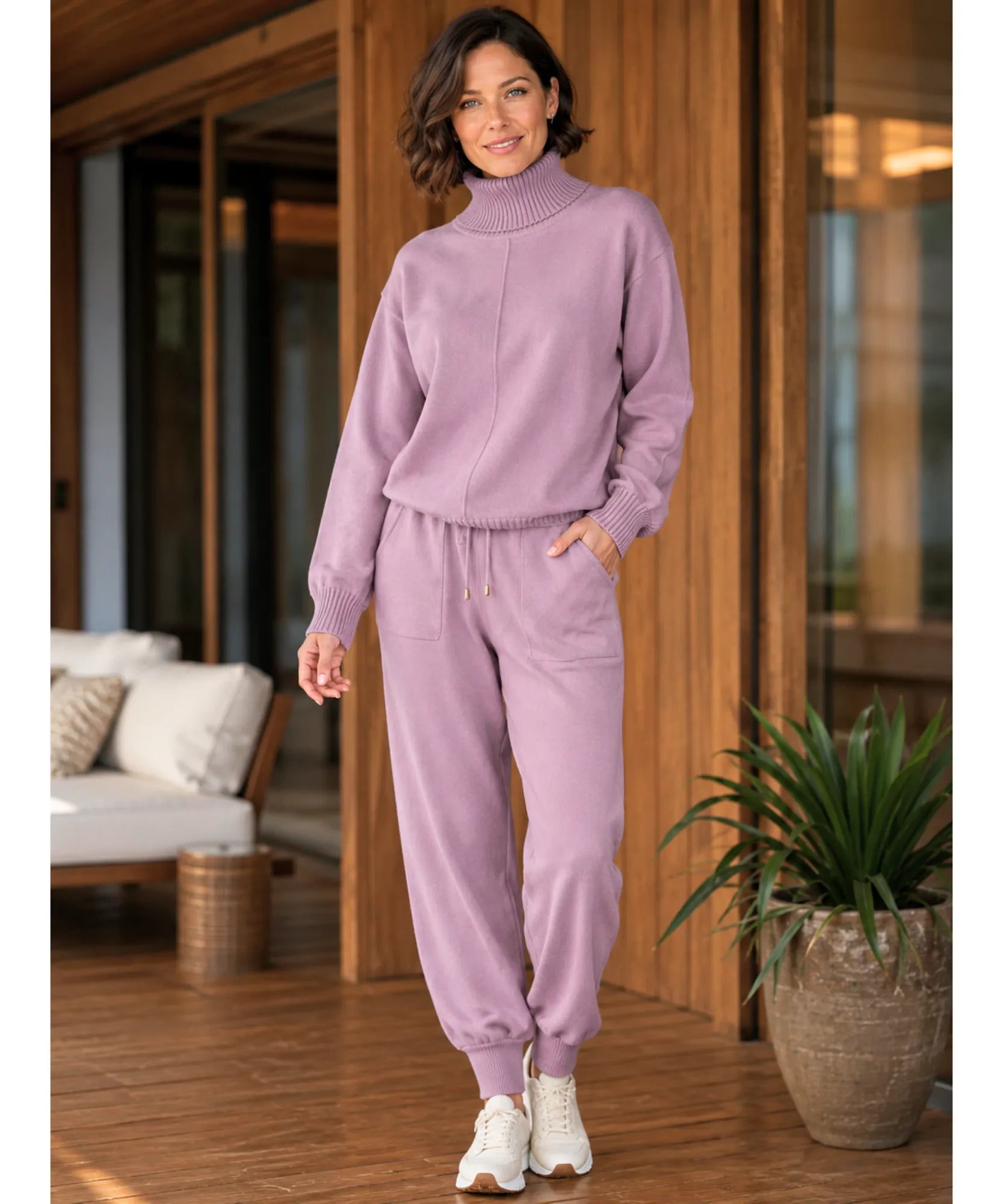Comprar conjunto tricot feminino 2 peças suéter gola alta calça jogger canelada malha inverno barata em promoção Anellimn