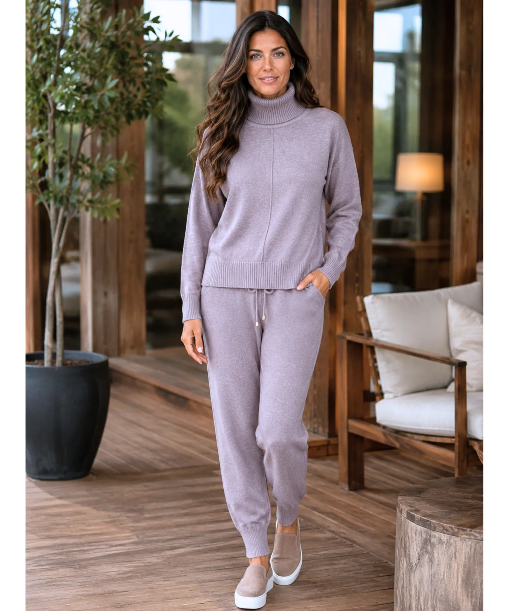 Comprar conjunto tricot feminino 2 peças suéter gola alta calça jogger canelada malha inverno barata em promoção Anellimn